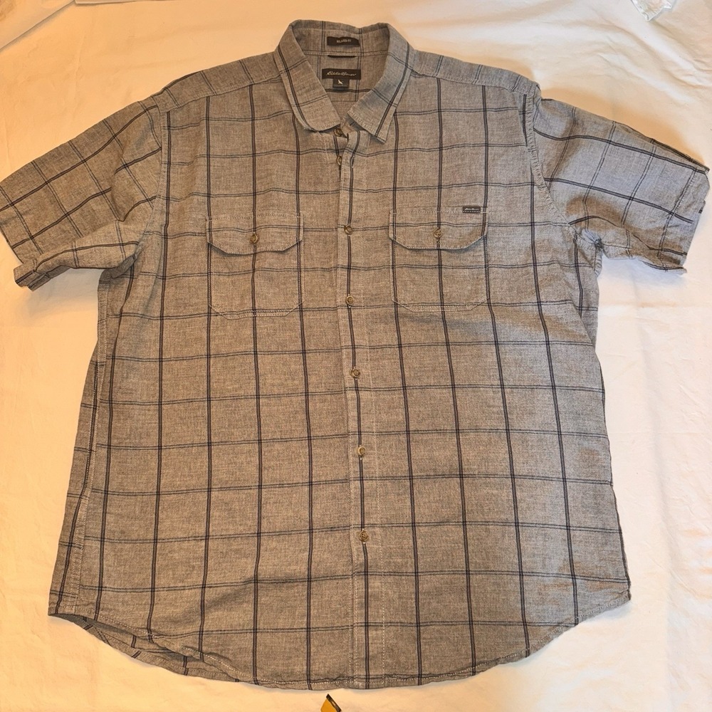 Eddie Bauer Mens‎ L  Cotton Linen Button Up Short Sleeve Shirt Gray Blue Plaid